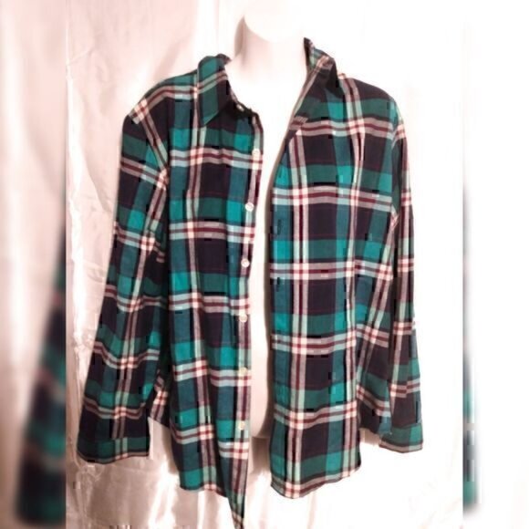Teal Plaid Button up Long Sleeve Flannel Shirt size M - Picture 1 of 7